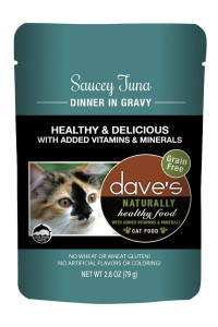 Dave's Pet Food Naturally Healthy Wet Cat Food Pouches, Saucey Tuna Dinner In Gravy, 2.8oz Pouches, 24 Count, Made in the USA