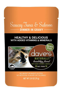Dave's Pet Food Naturally Healthy Wet Cat Food Pouches, Saucey Tuna & Salmon Dinner In Gravy, 2.8oz Pouches, 24 Count, Made in the USA