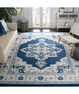 SAFAVIEH Brentwood collection 67 Square Navy cream BNT865N Medallion Distressed Non-Shedding Living Room Bedroom Area Rug