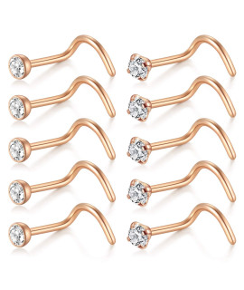 Dbella Nose Rings 10Pcs 18G Nose Screw Rings Studs Surgical Steel Piercing Jewelry 2Mm Clear Cz Rose Gold