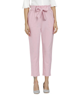 Freeprance Womens Pants casual Trouser Paper Bag Pants Elastic Waist Slim Pockets LPK M Pink