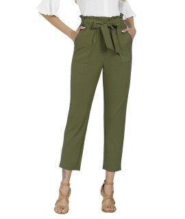 Freeprance Womens Pants casual Trouser Paper Bag Pants Elastic Waist Slim Pockets XAg S Army green