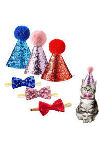 christmas Pet Party Jazz Hat and Blingbling Bow Tie Breakaway collar Set, Adjustable Headband for Kitten Puppy Small Dogs cats (3Rd-Pk-Blu)
