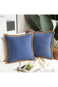 Phantoscope Pack Of 2 Farmhouse Decorative Throw Pillow Covers Burlap Linen Trimmed Tailored Edges Navy Blue 20 X 20 Inches, 50 X 50 Cm