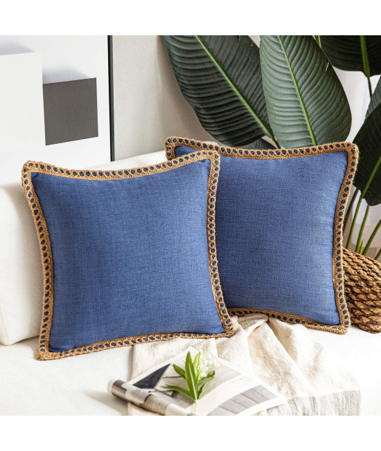 Phantoscope Pack Of 2 Farmhouse Decorative Throw Pillow Covers Burlap Linen Trimmed Tailored Edges Navy Blue 20 X 20 Inches, 50 X 50 Cm