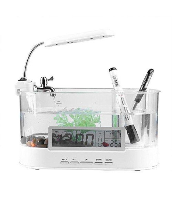 Garosa Fish Tank Aquarium Multifunctional USB Rechargeable Mini Fish Tank Aquarium with Clock Function LED Light(White)