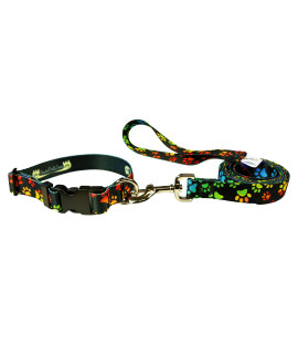 Dog Leash Set - Patterned Dog Collar Set, Matching Dog Collar and Lead, Made in The USA - 3/4 Inch Wide Adjusts to 11.5-17.5 Inches, Medium, Rainbow Paws