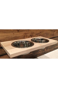 Chic, Floating, Wood, Height-Flexible Wall Mount Dog / Cat / Pet Food & Water Bowl Holder / Feeder, 2 S.S. Dishwasher-Safe Bowls (~ 1 Quart / 32 oz / 900 ml) for Mid-Size Pets. 2-Screw Installation.