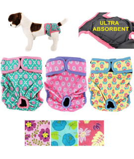 Pack of 3 Female Dog Diapers with 4 - Layers of Absorbent Pads Cat Panties Waterproof Leak Proof Washable (L: Waist 20" - 26", Neon Pattern)