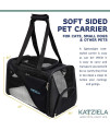 Katziela Pet Carrier - Soft Sided, Airline Approved Carrying Bag for Small Dogs and Cats, Front, Side and Top Mesh Ventilation Windows, Storage Pocket and Safety Leash Hook - Black