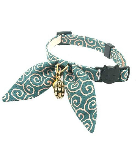 PetSoKoo cute Bunny Ears Bowtie cat collar with Bell, Ancient Arabesque Print, Japan Lucky A charm Safety Breakaway, Soft, for girl Boy Male Female cats,Light Blue