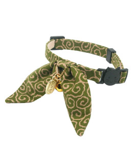 PetSoKoo cute Bunny Ears Bowtie cat collar with Bell, Ancient Arabesque Print, Japan Lucky A charm Safety Breakaway, Soft, for girl Boy Male Female cats,green