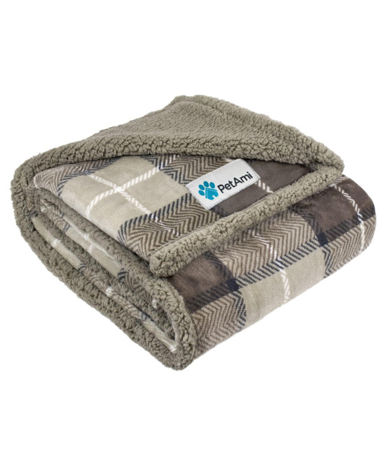PetAmi Dog Blanket, Plaid Sherpa Dog Blanket | Plush, Reversible, Warm Pet Blanket for Dog Bed, Couch, Sofa, Car (Taupe, 60x80 Inches)