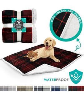 PetAmi Waterproof Dog Blanket for Couch, Sofa | Waterproof Sherpa Pet Blanket for Large Dogs, Puppies | Super Soft Washable Microfiber Fleece | Reversible Checkered Design | 60 x 40 (Red)