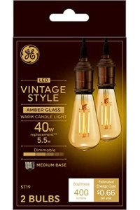 gE Vintage Style LED Light Bulbs, 40 Watt Eqv, Amber glass, Warm candle Light, ST19 Edison Style Light Bulbs, Medium Base (2 Pack)