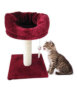 WOWOWMEOW Cat Scratching Post with Hanging Toy Cat Tree Furniture Kitty Tower Warm Bed Cat House Condo (#1-Burgundy)