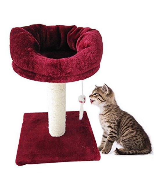 WOWOWMEOW Cat Scratching Post with Hanging Toy Cat Tree Furniture Kitty Tower Warm Bed Cat House Condo (#1-Burgundy)
