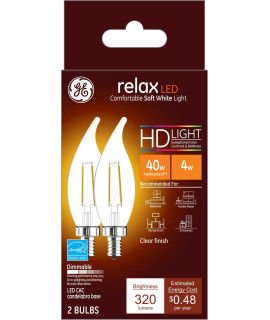 gE Relax LED Light Bulbs, 40 Watt Eqv, Soft White HD Light, Decorative Bulbs, Small Base (2 Pack)