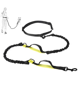 Mile High Life Retractable Hands Free Dog 7FT Leash Waist Running Adjustable Reflective Dual Black Bungees Dual Handles Small Medium Large Dogs (Lemon Yellow)