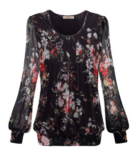 Timeson Women Blouses, Womens Black Floral Dressy Top Fitted Blouse Banded Bottom Tunics Puff Sleeve Vintage Formal Shirts Casual Business Work Fancy Plus Size Evening Tops(Xx-Large, Multi-Black)