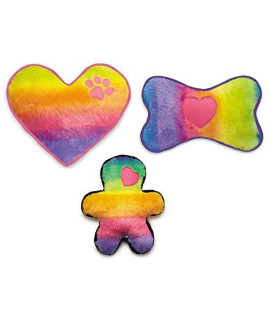 MPP Plush Rainbow Dog Toys Soft Colorful Squeaker Ombre Choose Heart or Bone Shape (Full Set All 3 Toys)