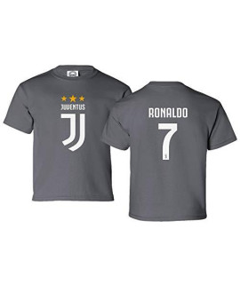 Spark Apparel Soccer Shirt 7 Cristiano Ronaldo Juve Cr7 Boys Girls Youth T-Shirt (Gray, Youth Small)