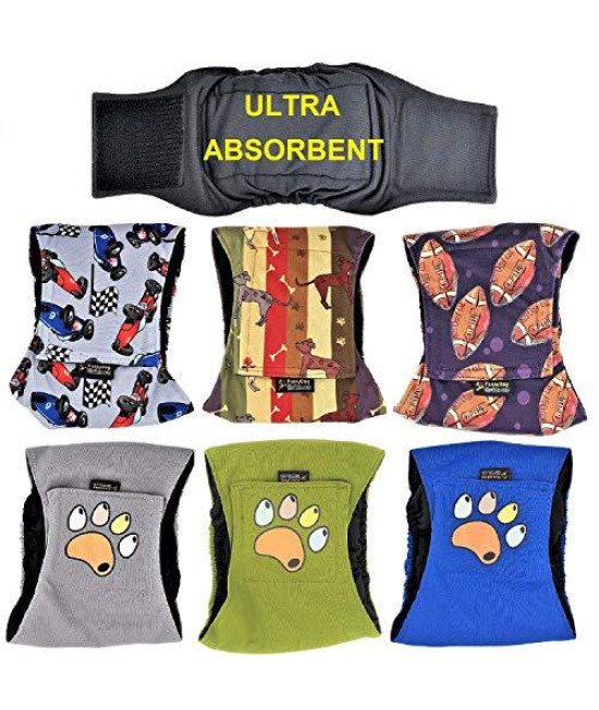 FunnyDogClothes Pack of 6 Male Dog Diapers 4 - Layers of Absorbent Pads Waterproof Leak Proof Belly Band Wrap Washable (XS: Waist 7" - 10", Pack of 6 Colors)