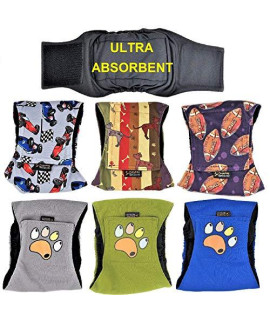 FunnyDogClothes Pack of 6 Male Dog Diapers 4 - Layers of Absorbent Pads Waterproof Leak Proof Belly Band Wrap Washable (M: Waist 12" - 16", Pack of 6 Colors)