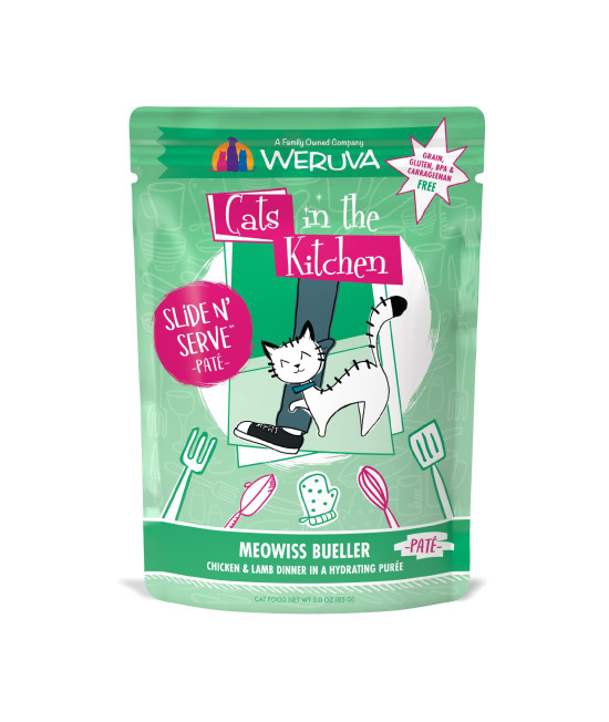 Weruva Cats in the Kitchen Slide N' Serve Grain-Free Natural Wet Pate Cat Food Pouches, Meowiss Bueller, 3oz Pouch (Pack of 12)