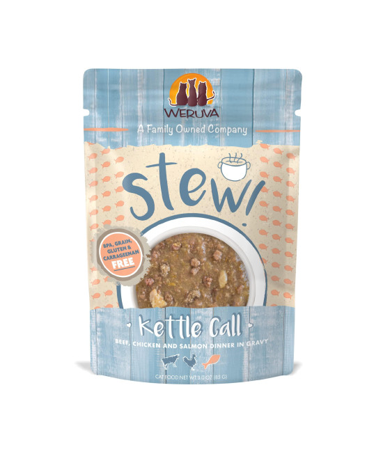 Weruva Classic Cat Stews!, Kettle Call with Beef, Chicken & Salmon in Gravy, 3oz Pouch (Pack of 12)