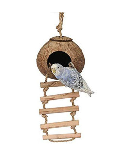 Mydio 100% Natural Coconut Husk Bird House with Ladder Natural Textures Encourage Foot and Beak Exercise - Sustainable Materials - Durable Habitat