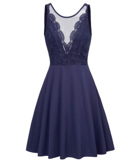 Sleeveless Lace Patchwork See Through Front A-Line Pleated Dress L Navy Blue
