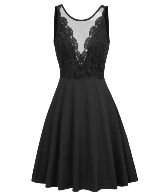 Women Sleeveless See Through Front Lace Patchwork Flare Party Dress Xxl Black