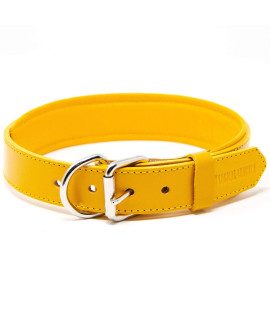 Logical Leather Padded Dog collar - Best Full grain Heavy Duty genuine Leather collar - Yellow - Large