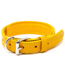 Logical Leather Padded Dog collar - Best Full grain Heavy Duty genuine Leather collar - Yellow - Small