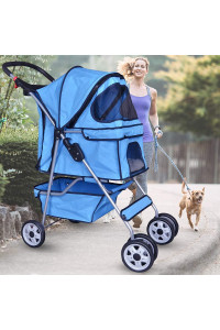 Dog Stroller Pet Stroller Cat Strollers Jogger Foldable Travel Carrier 35Lbs Capacity Doggie Cage Durable 4 Wheels Strolling Cart with Cup Holders and Removable Liner for Small-Medium Dog, Cat (Blue)