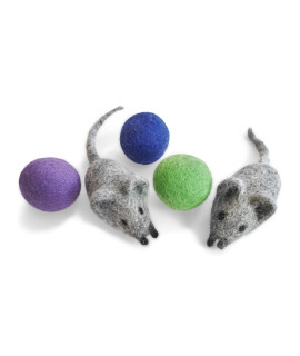 Earthtone Solutions Felt Wool Ball and Mouse Toys for Cats and Kittens, Adorable Colorful Soft Quiet Fabric Balls, Without Catnip, Handmade - for Cat Lovers, 2 Felt Mice 3 Felt Balls
