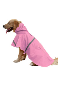 Nacoco Large Dog Raincoat Adjustable Pet Water Proof Clothes Lightweight Rain Jacket Poncho Hoodies With Strip Reflective (L, Pink)