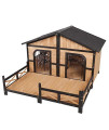 PawHut 59? L x 63.5? W x 39.25? H Wood Large Dog House Cabin Style Elevated Pet Shelter w/Porch Deck Natural