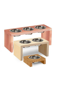 TFKitchen Pine Wood Elevated Dog and Cat Pet Feeder, Triple Bowl Raised Stand (3 Quart Each) - 13" Tall