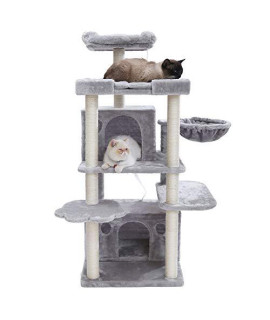 Hey-bro Multi-Level Cat Tree Condo Furniture with Sisal-Covered Scratching Posts, 2 Bigger Plush Condos, Perch Hammock for Kittens, Cats and Pets, Light Gray MPJ021W