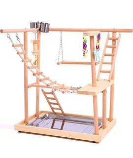 Litewood Wood Bird Perch Platform Stand Bird Playground Wood Perch Gym Stand Playpen Bird Ladders Exercise Playgym with Feeder Cups for Parakeet Macaw Cockatoo Cage Accessories Training Toy