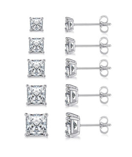 MDFUN 18K White gold Plated Princess cut clear cubic Zirconia Stud Earring Pack of 5 Pairs