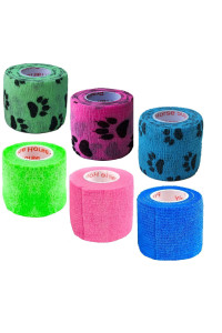 2 Inch Vet Wrap Tape Bulk (Blue, Neon Green, Neon Pink, And Black Paw Prints On Blue, Neon Green, Neon Pink) (Pack Of 6) Self Adhesive Adherent Adhering Flex Bandage Grip Roll For Dog Cat Pet