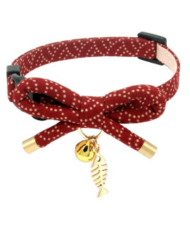 PetSoKoo Cute Bowtie Cat Collar with Bell. Japanese Stylish Bowknot & Fish Charm. Safety Breakaway, Soft, Lightweight, for Girl Boy Male Female Cats Kitten,Red