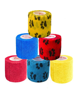Prairie Horse Supply 2 Inch Vet Wrap Tape Bulk (Yellow, Red, Blue And Black Paw Prints On Yellow, Red, Blue) (Pack Of 6) Self Adhesive Adherent Adhering Flex Bandage Grip Roll For Dog Cat Pet