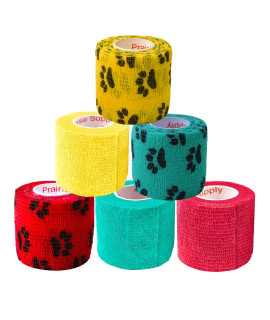 Prairie Horse Supply 2 Inch Vet Wrap Tape Bulk (Red, Teal, Yellow And Black Paw Prints On Yellow, Red, Teal) (Pack Of 6) Self Adhesive Adherent Adhering Flex Bandage Grip Roll For Dog Cat Pet