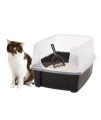 IRIS USA Open Top Cat Litter Tray with Scoop and Scatter Shield, Sturdy Easy to Clean Open Air Kitty Litter Pan with Tall Spray and Scatter Shield, Black/Clear
