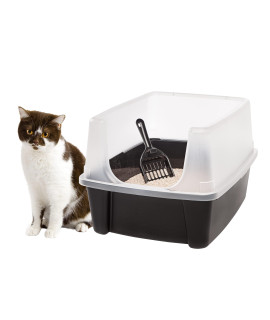 IRIS USA Open Top Cat Litter Tray with Scoop and Scatter Shield, Sturdy Easy to Clean Open Air Kitty Litter Pan with Tall Spray and Scatter Shield, Black/Clear