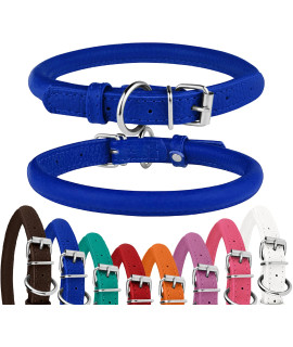 BRONZEDOG Rolled Leather Dog Collar Round Rope Pet Collars for Small Medium Large Dogs Puppy Cat Red Pink Blue Teal Brown (Neck Size 12'' - 14'', Blue)